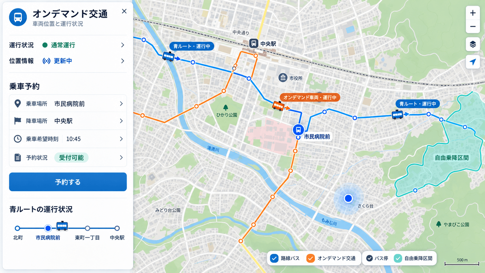 オンデマンド交通の予約とバスロケーションの活用イメージ